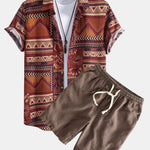 Floral Geometric Patchwork Print Cotton Shirt & Linen Cotton Blend Shorts Set