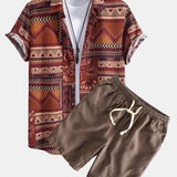 Floral Geometric Patchwork Print Cotton Shirt & Linen Cotton Blend Shorts Set