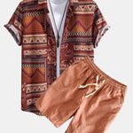 Floral Geometric Patchwork Print Cotton Shirt & Linen Cotton Blend Shorts Set
