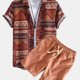 Floral Geometric Patchwork Print Cotton Shirt & Linen Cotton Blend Shorts Set