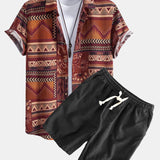 Floral Geometric Patchwork Print Cotton Shirt & Linen Cotton Blend Shorts Set