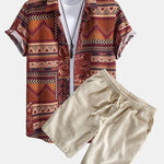 Floral Geometric Patchwork Print Cotton Shirt & Linen Cotton Blend Shorts Set