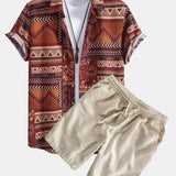 Floral Geometric Patchwork Print Cotton Shirt & Linen Cotton Blend Shorts Set