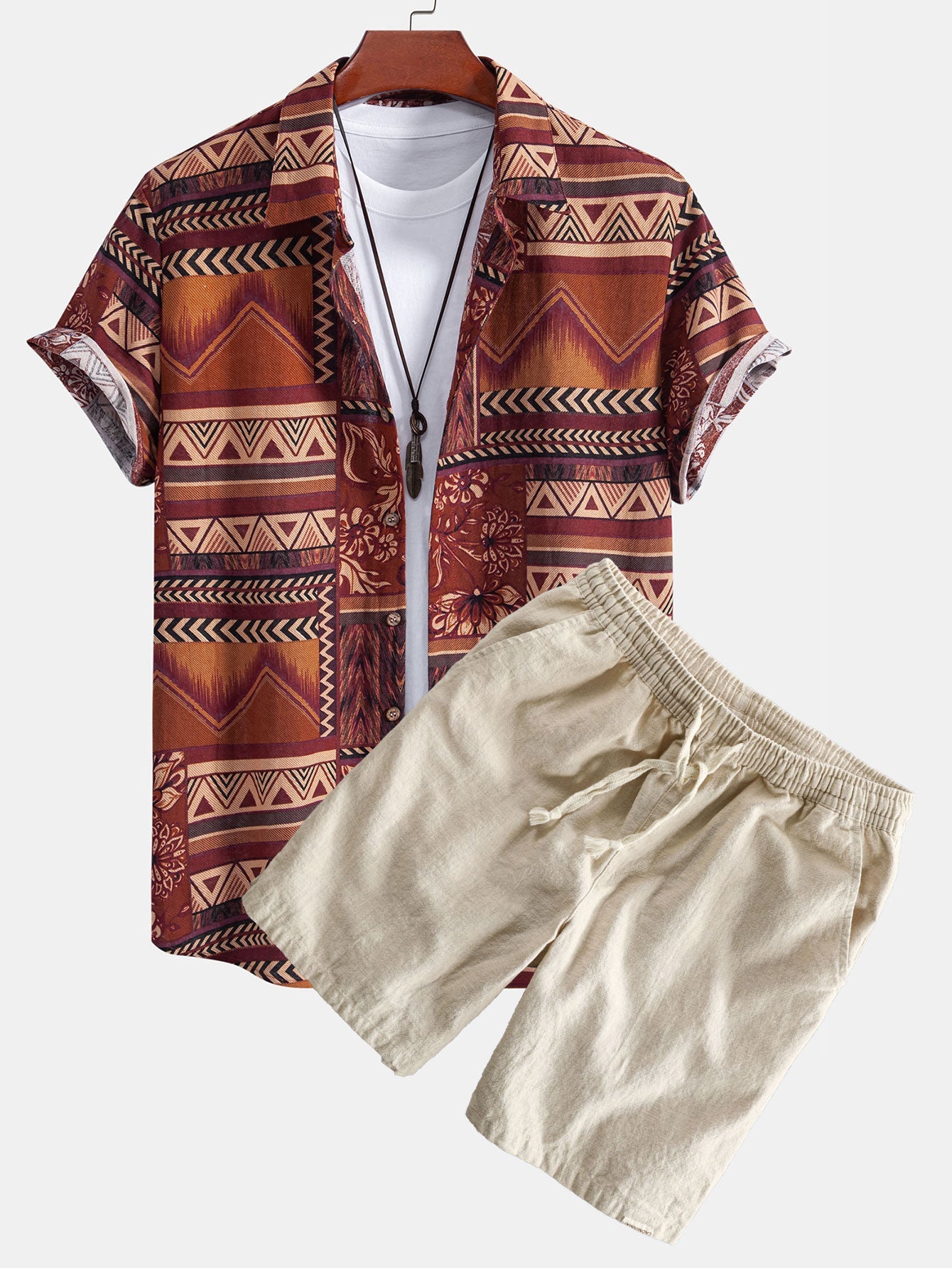 Floral Geometric Patchwork Print Cotton Shirt & Linen Cotton Blend Shorts Set