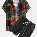 Floral Geometric Patchwork Print Cotton Shirt & Linen Cotton Blend Shorts Set