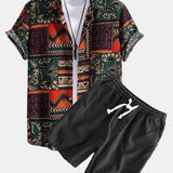 Floral Geometric Patchwork Print Cotton Shirt & Linen Cotton Blend Shorts Set