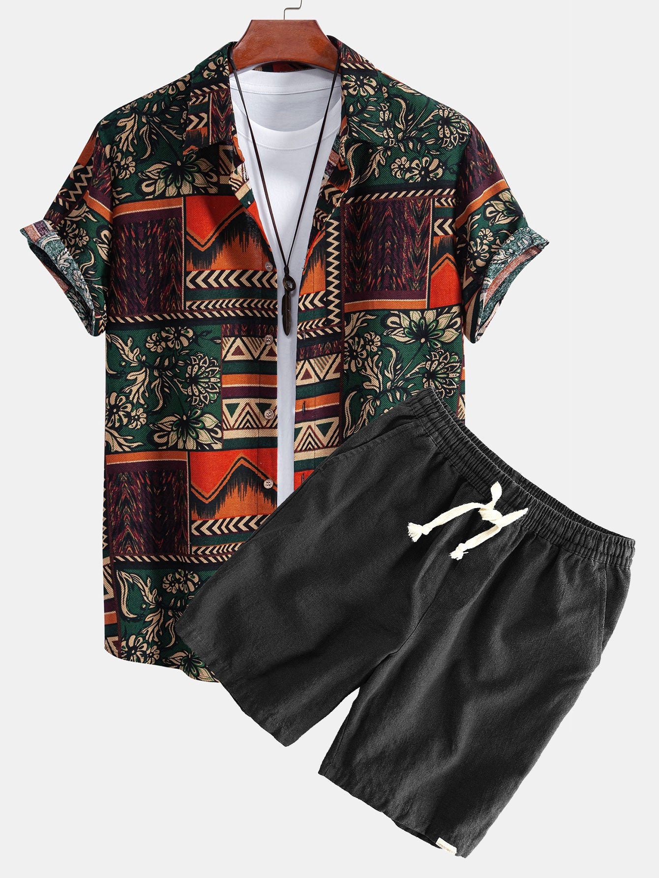 Floral Geometric Patchwork Print Cotton Shirt & Linen Cotton Blend Shorts Set