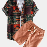 Floral Geometric Patchwork Print Cotton Shirt & Linen Cotton Blend Shorts Set