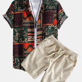 Floral Geometric Patchwork Print Cotton Shirt & Linen Cotton Blend Shorts Set
