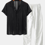Mesh Textured Shirt & Straight Leg Linen Pants Set