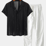 Mesh Textured Shirt & Straight Leg Linen Pants Set