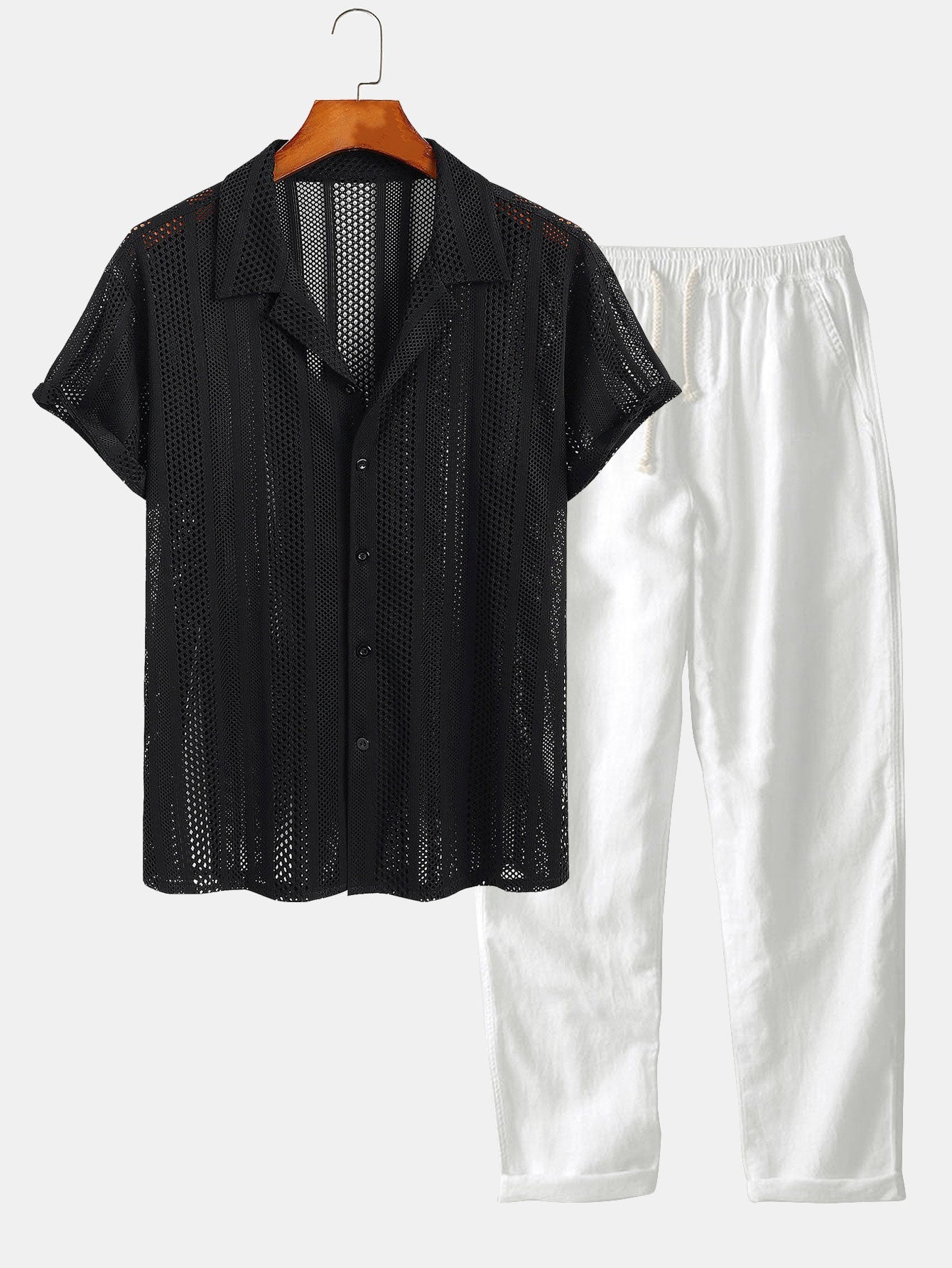 Mesh Textured Shirt & Straight Leg Linen Pants Set