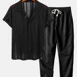 Mesh Textured Shirt & Straight Leg Linen Pants Set