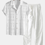 Short Sleeve Geometry Textured Cuban Shirt & Linen Pants Set
