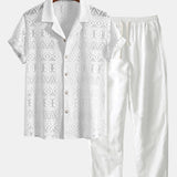 Short Sleeve Geometry Textured Cuban Shirt & Linen Pants Set