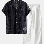 Short Sleeve Geometry Textured Cuban Shirt & Linen Pants Set