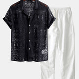 Short Sleeve Geometry Textured Cuban Shirt & Linen Pants Set