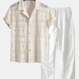 Short Sleeve Geometry Textured Cuban Shirt & Linen Pants Set