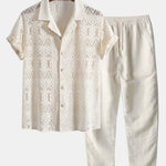 Short Sleeve Geometry Textured Cuban Shirt & Linen Pants Set