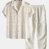 Short Sleeve Geometry Textured Cuban Shirt & Linen Pants Set