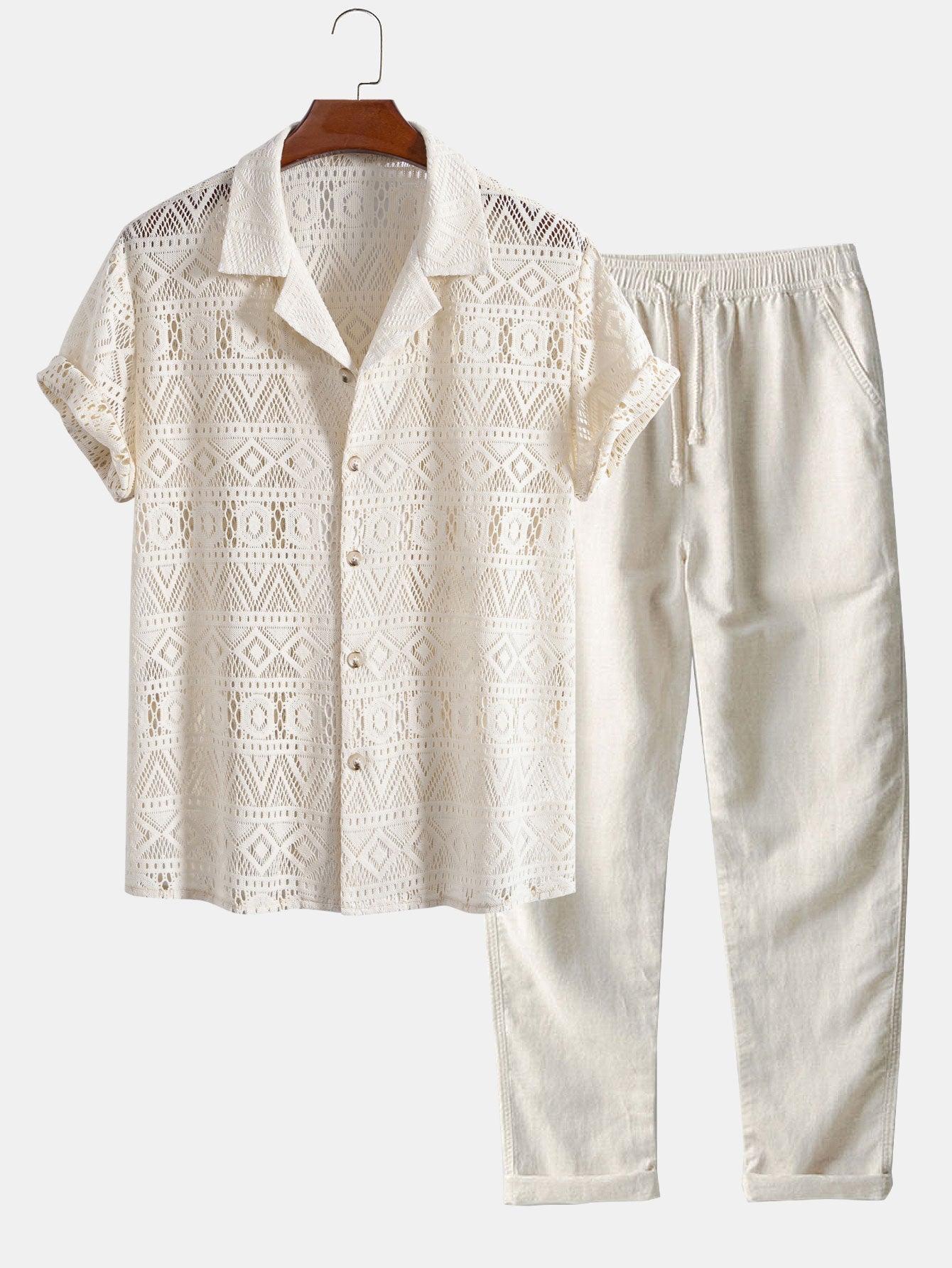 Short Sleeve Geometry Textured Cuban Shirt & Linen Pants Set