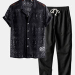 Short Sleeve Geometry Textured Cuban Shirt & Linen Pants Set