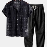 Short Sleeve Geometry Textured Cuban Shirt & Linen Pants Set
