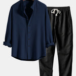 Long Sleeve Muscle Fit Ribbed Stand Collar Shirt & Linen Pants Set