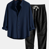 Long Sleeve Muscle Fit Ribbed Stand Collar Shirt & Linen Pants Set