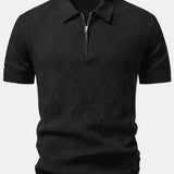 Rhombus Textured Zip Up Knitted Polo Shirt & Tapered Trousers Set