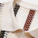 Striped Crochet V Neck Polo & Straight Leg Linen Pants Set