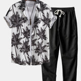 Palm Tree Print Shirt & Straight Leg Linen Pants Set