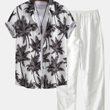 Palm Tree Print Shirt & Straight Leg Linen Pants Set
