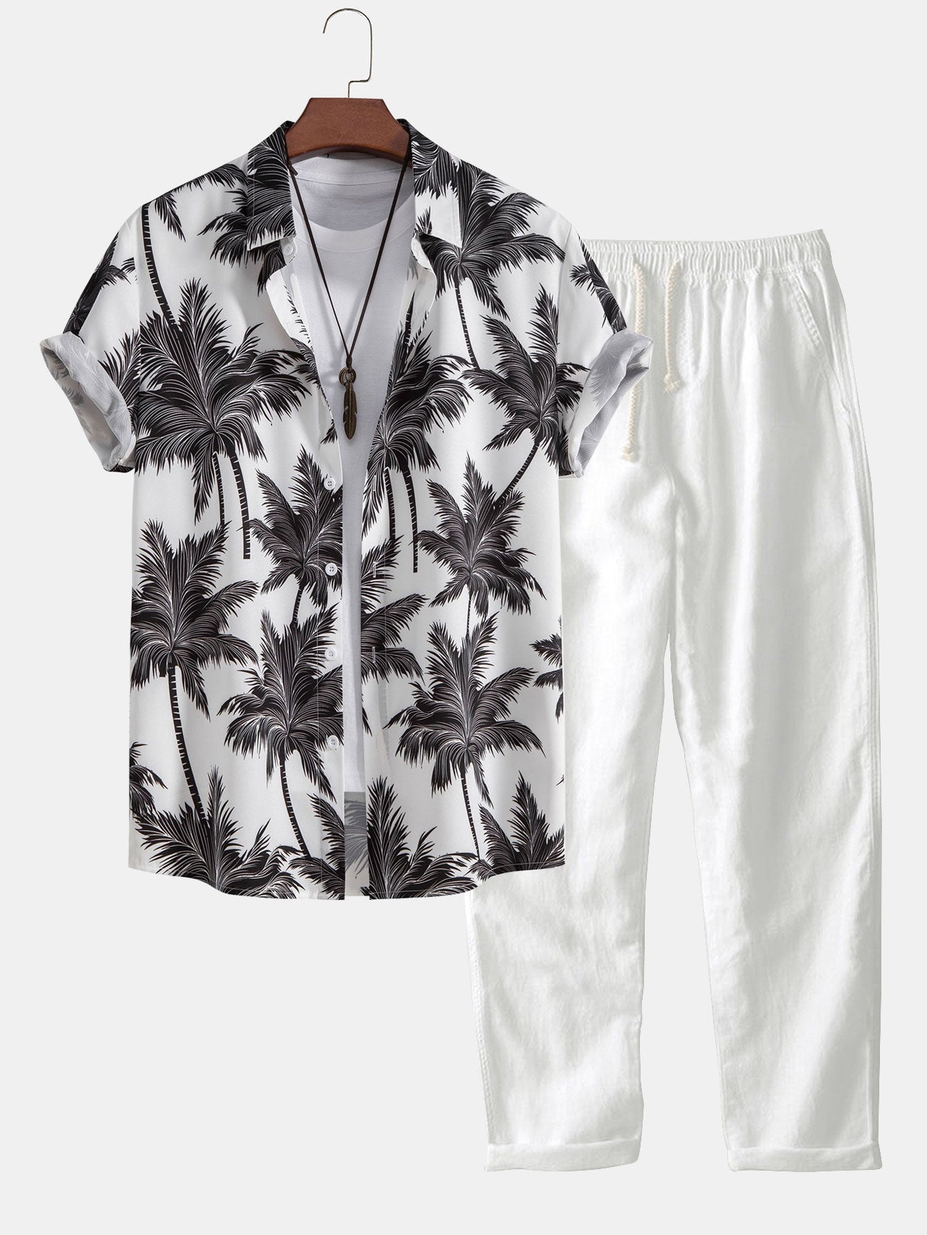 Palm Tree Print Shirt & Straight Leg Linen Pants Set