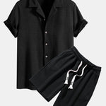 Short Sleeve Geometry Textured Cuban Shirt & Shorts Set