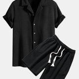 Short Sleeve Geometry Textured Cuban Shirt & Shorts Set