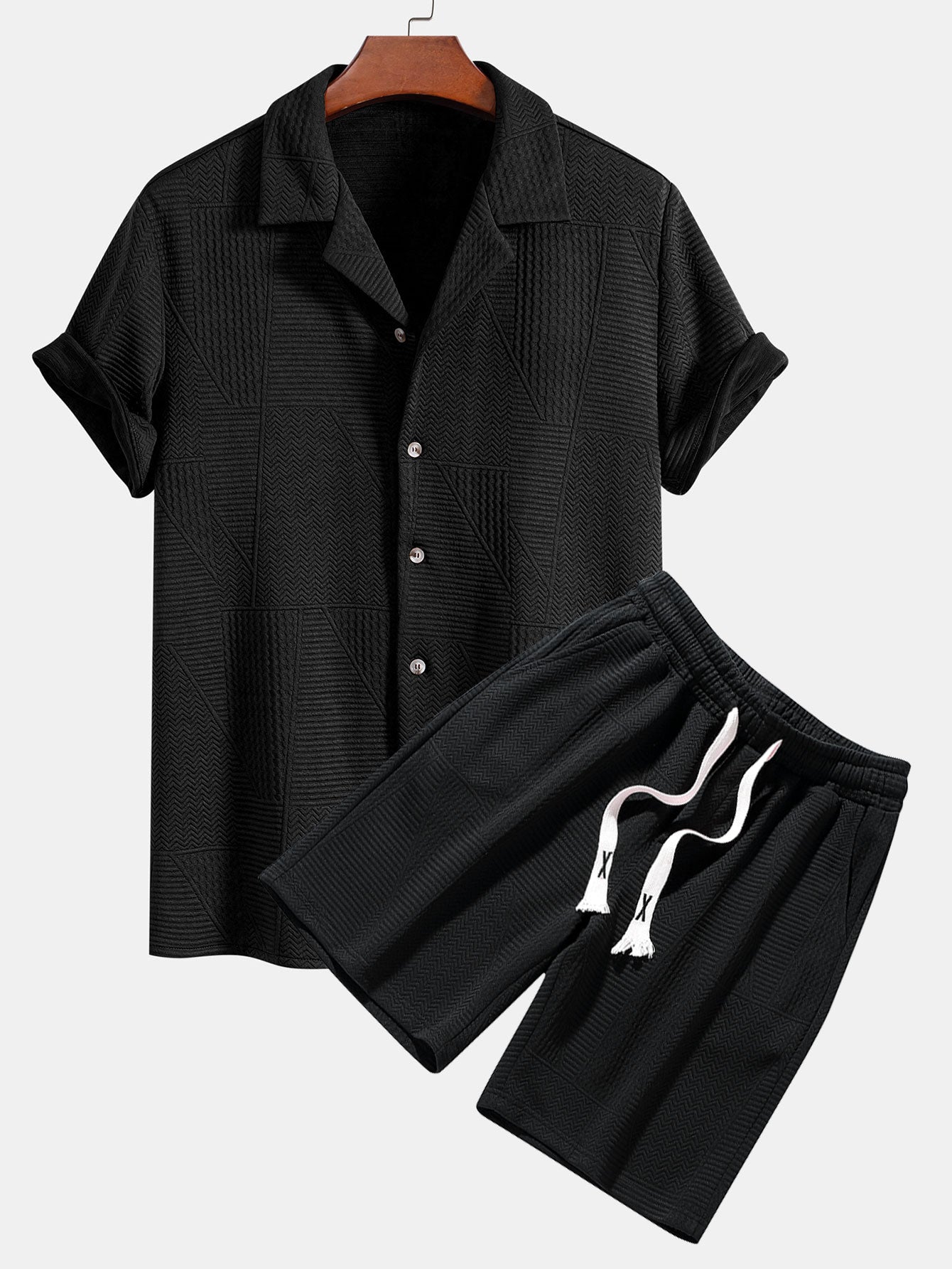 Short Sleeve Geometry Textured Cuban Shirt & Shorts Set