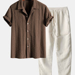 Geometric Jacquard Textured Cuban Shirt & Straight Leg Linen Pants Set