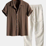 Geometric Jacquard Textured Cuban Shirt & Straight Leg Linen Pants Set