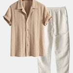 Geometric Jacquard Textured Cuban Shirt & Straight Leg Linen Pants Set