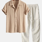 Geometric Jacquard Textured Cuban Shirt & Straight Leg Linen Pants Set
