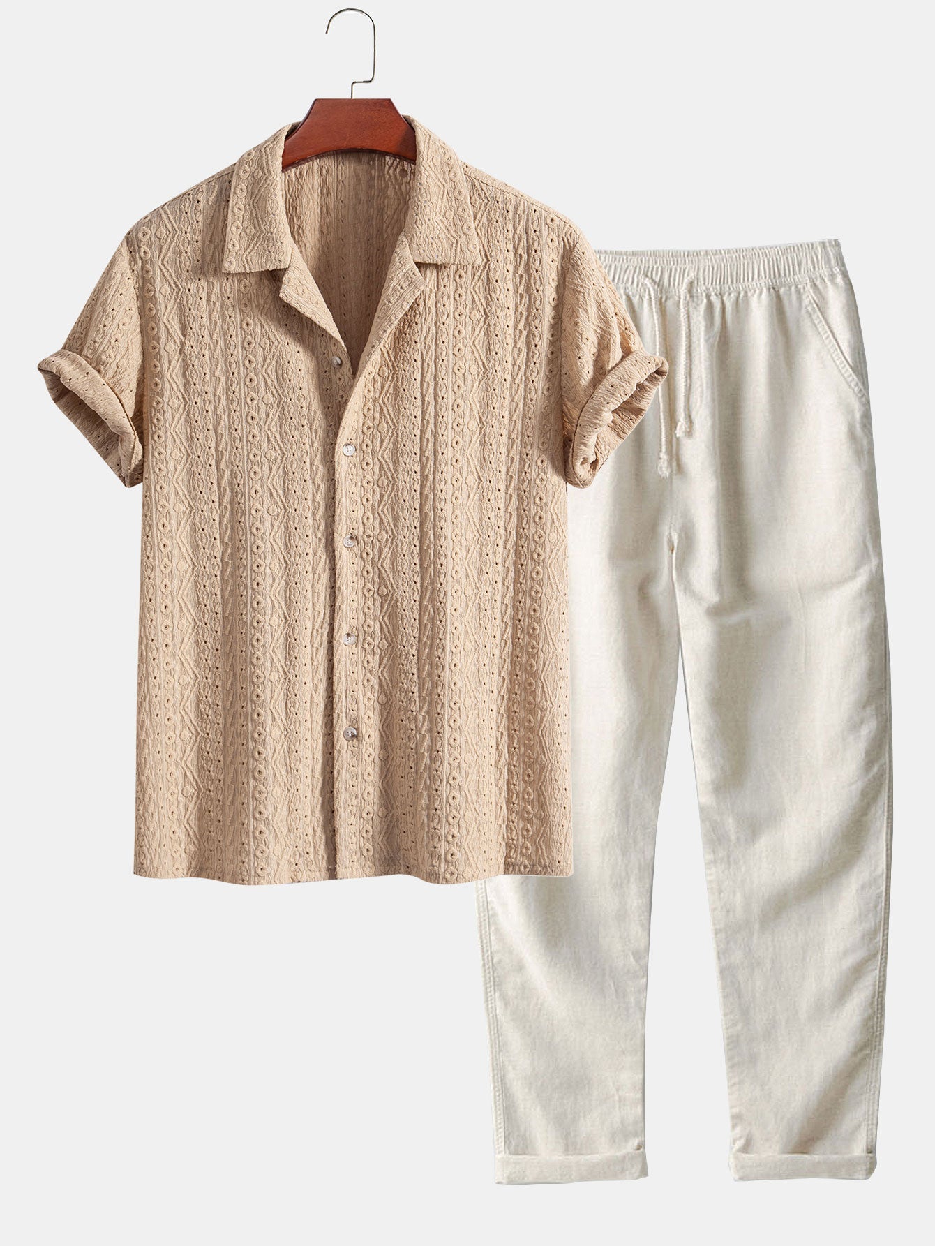 Geometric Jacquard Textured Cuban Shirt & Straight Leg Linen Pants Set