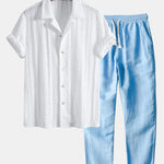 Geometric Jacquard Textured Cuban Shirt & Straight Leg Linen Pants Set