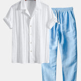 Geometric Jacquard Textured Cuban Shirt & Straight Leg Linen Pants Set