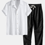 Geometric Jacquard Textured Cuban Shirt & Straight Leg Linen Pants Set