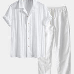 Geometric Jacquard Textured Cuban Shirt & Straight Leg Linen Pants Set