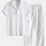 Geometric Jacquard Textured Cuban Shirt & Straight Leg Linen Pants Set