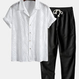 Embroidered Floral Cuban Shirt & Straight Leg Linen Pants Set