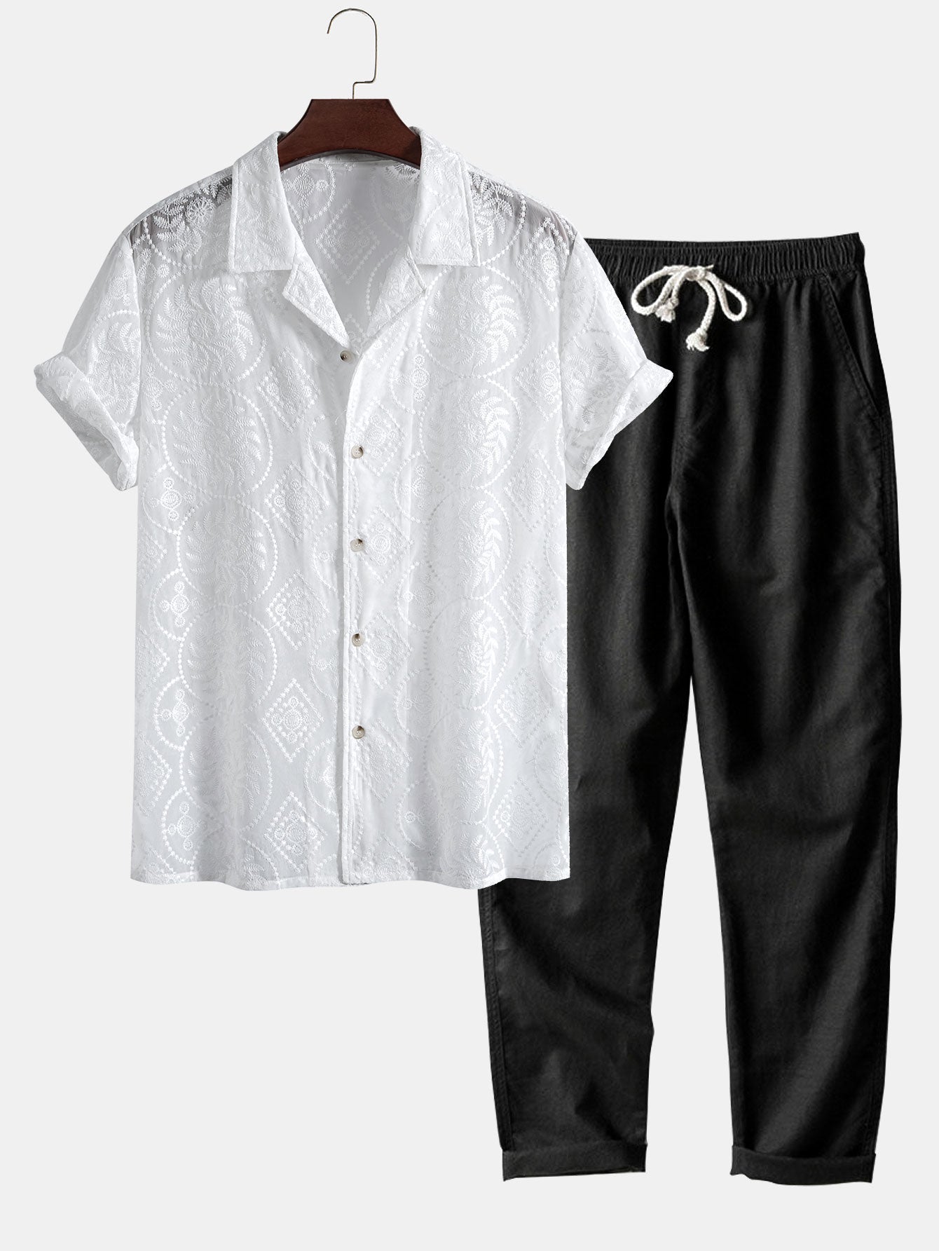 Embroidered Floral Cuban Shirt & Straight Leg Linen Pants Set