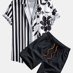 Floral Stripe Patchwork Print Shirt & Swim Shorts Set